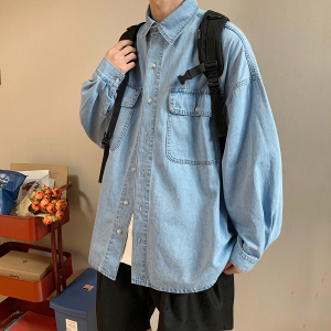 2023年春季长袖衬衣日系外套 工装口袋宽松牛仔衬衫 Q339-P68控88,男装衬衫,电商A405