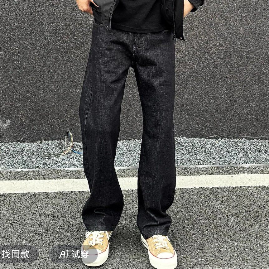 原色水洗丹宁美式风宽松直筒牛仔裤男蓝黑色拉链长裤休闲潮流裤子