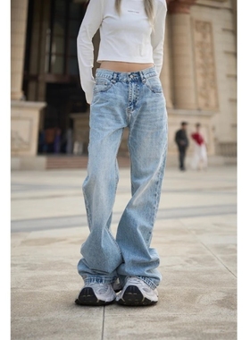 巴黎浅蓝色微喇牛仔裤男女宽松复古做旧显瘦美式高街百搭潮流长裤