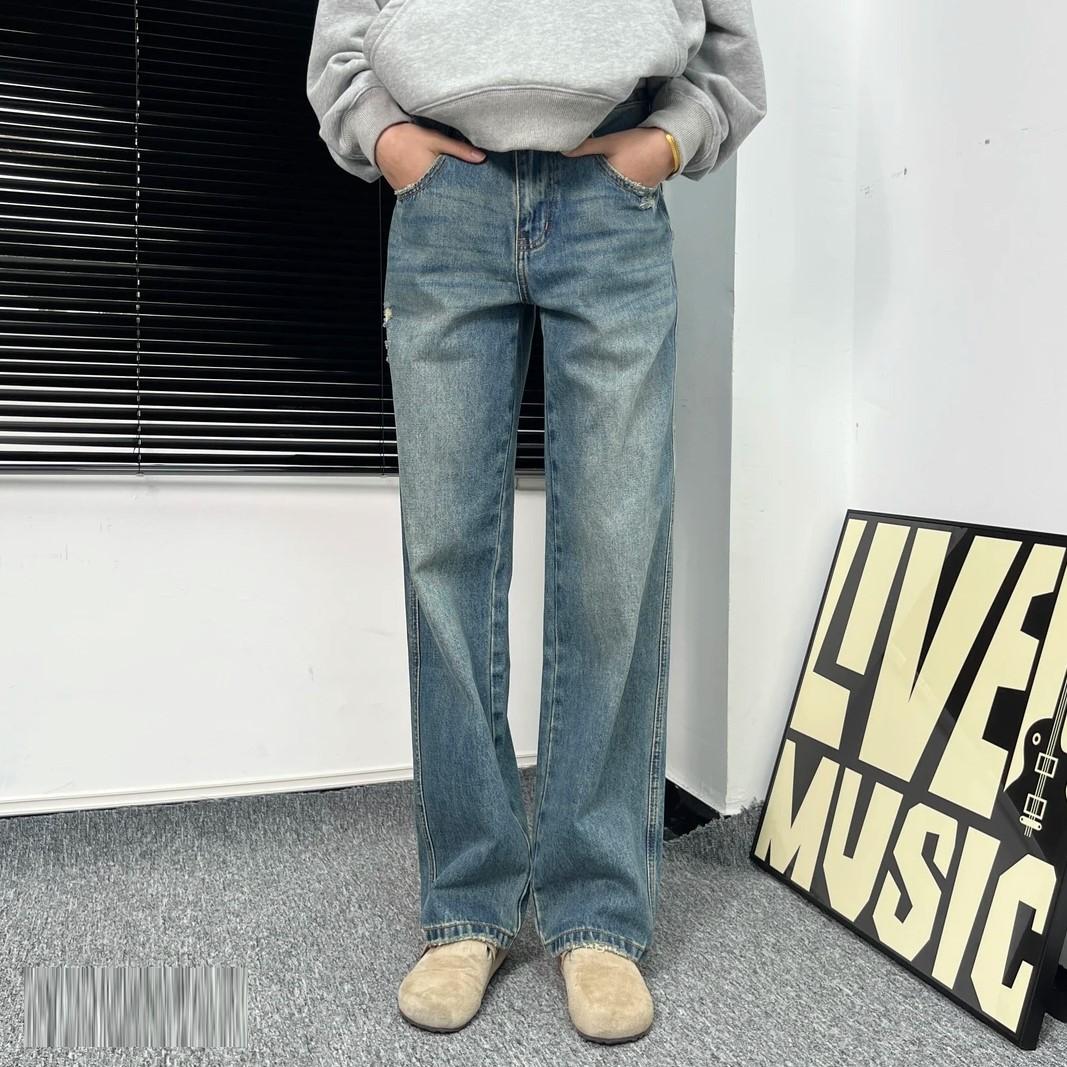 美式牛仔裤直筒中腰宽松水洗复古做旧磨破洞经典501版型高街长裤