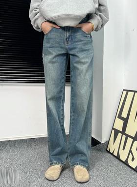 美式牛仔裤直筒中腰宽松水洗复古做旧磨破洞经典501版型高街长裤