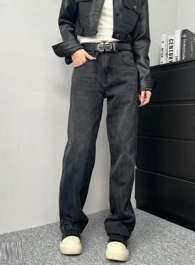 巴黎风格cleanfit牛仔裤长裤黑色水洗裂纹男女vibe显瘦直筒潮百搭