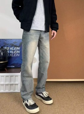 美式复古水洗浅蓝色牛仔裤男直筒宽松黄泥做旧硬朗质感休闲长裤潮