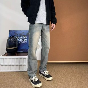 美式复古水洗浅蓝色牛仔裤男直筒宽松黄泥做旧硬朗质感休闲长裤潮