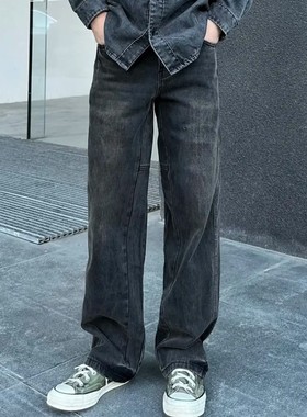 美式复古风水洗黑色做旧牛仔裤男直筒宽松百搭cleanfit休闲长裤潮