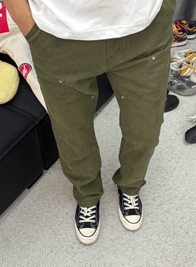 美式复古军绿色工装牛仔裤男vibe风高街直筒双膝伐木裤ins潮裤子