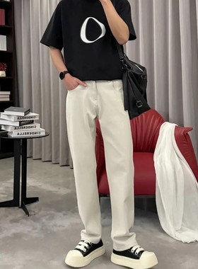 白色牛仔裤男款直筒宽松四面弹舒适时尚百搭休闲裤子高端轻奢裤子