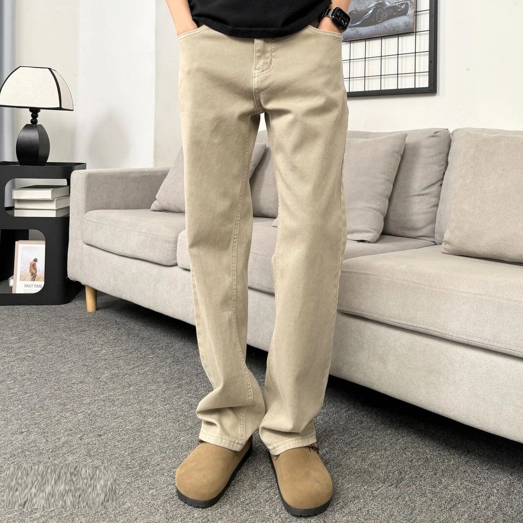 男士卡其色直筒微弹老钱风牛仔裤