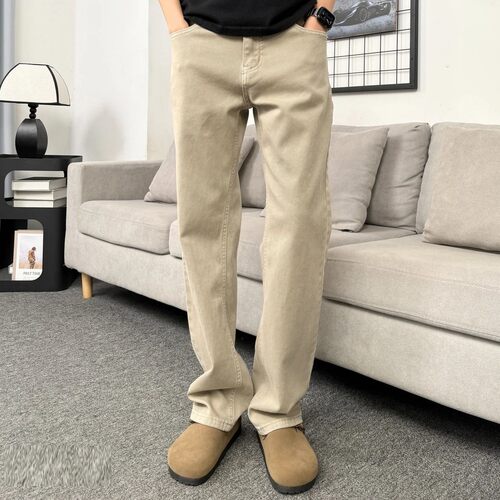 男士卡其色直筒微弹老钱风牛仔裤