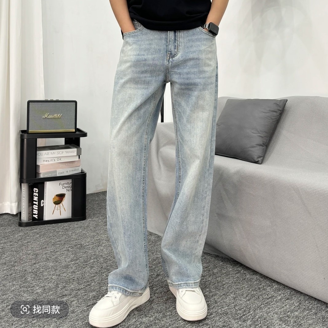 男士满天星烫钻显瘦牛仔裤图片