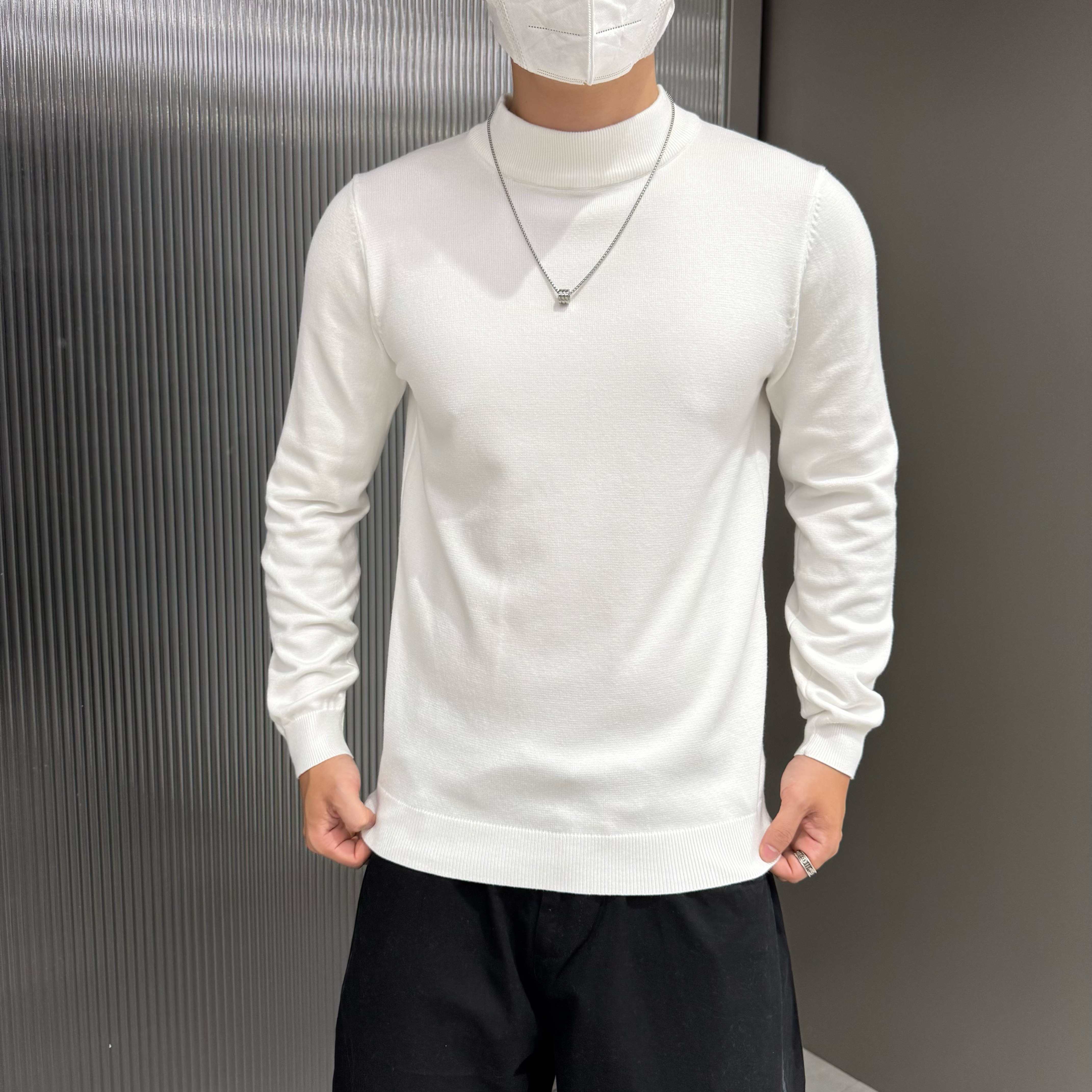 半高领纯色毛衣内搭长袖打底衫男秋冬季高级感韩版潮流针织衫男款