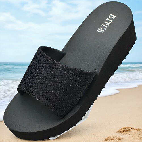 越南平仙中坡跟亮片女士一字拖鞋