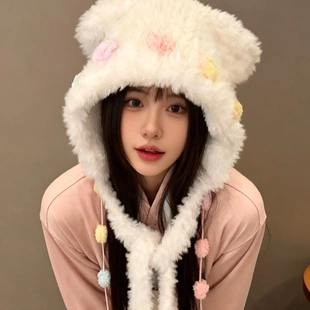 多巴胺小熊毛绒帽子女秋冬季显脸小针织帽甜美可爱包头护耳毛线帽