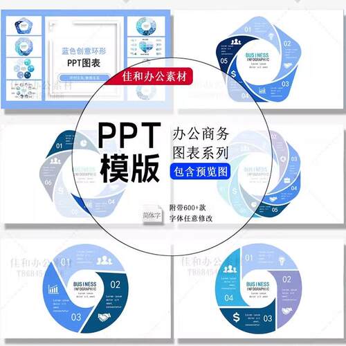 商务办公图表系列PPT模版11蓝色环形图表ppt模板插图素材