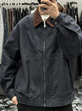 单目春季男灯芯绒领拼接巴恩风牛仔夹克日系复古宽松痞帅通勤外套