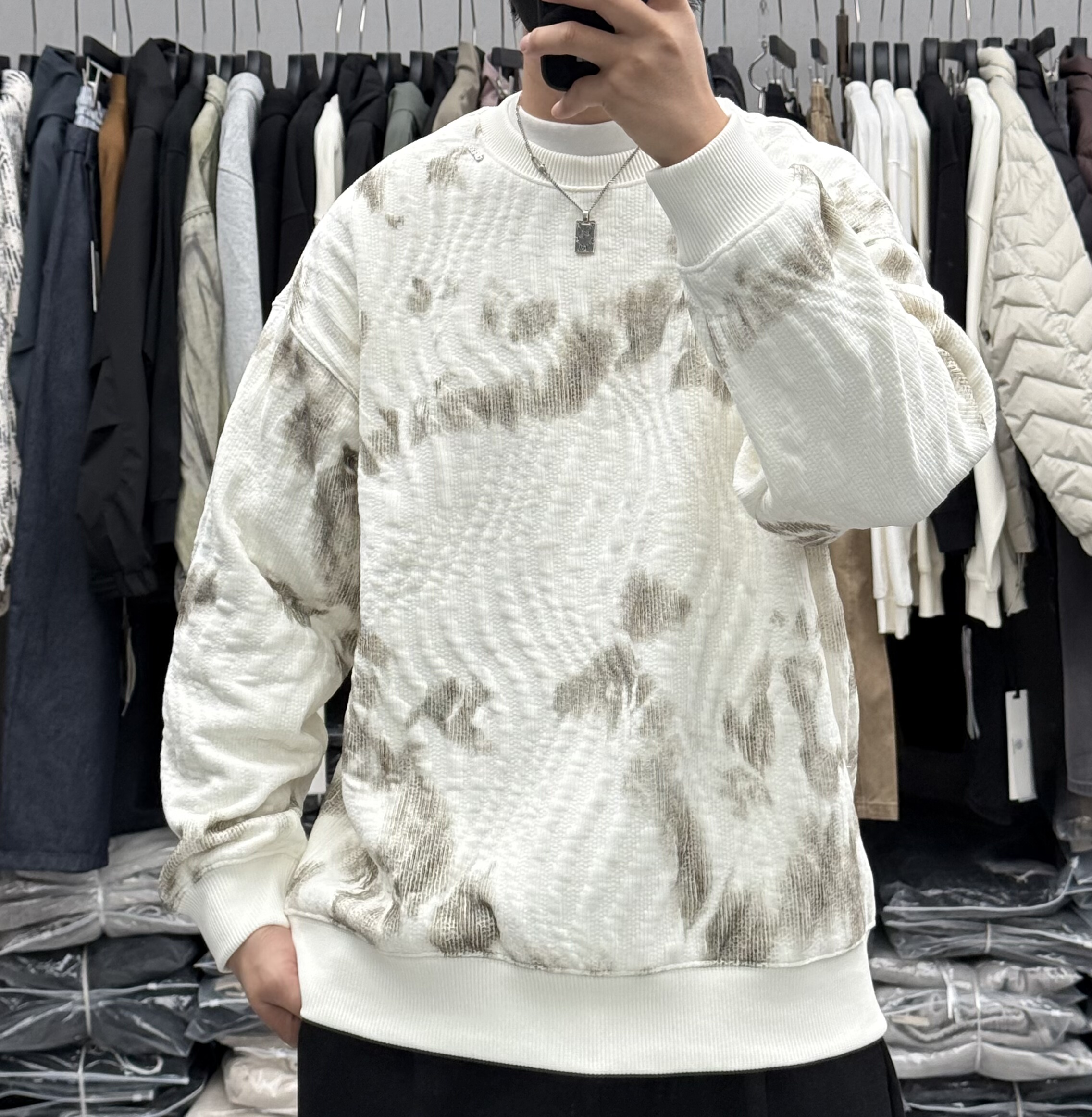 BY3冬季男肌理感撞色提花圆领加绒卫衣美式潮牌宽松保暖痞帅上衣