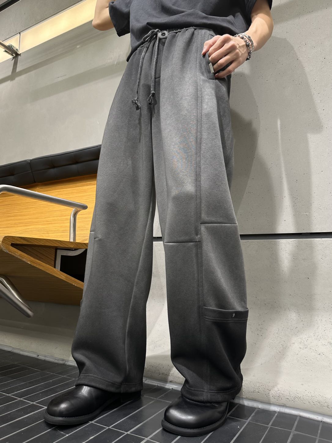 潮牌重磅水洗渐变色做旧废土风加绒休闲裤男冬季加厚保暖阔腿长裤