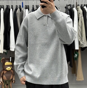 高端轻奢极简老钱风一粒扣Polo领毛衣男秋冬韩系纯色通勤保暖打底