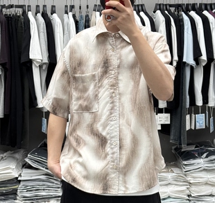 高级感宽松薄款 BY3夏季 美式 衬衫 凉感外套 男复古晕染亚麻天丝短袖
