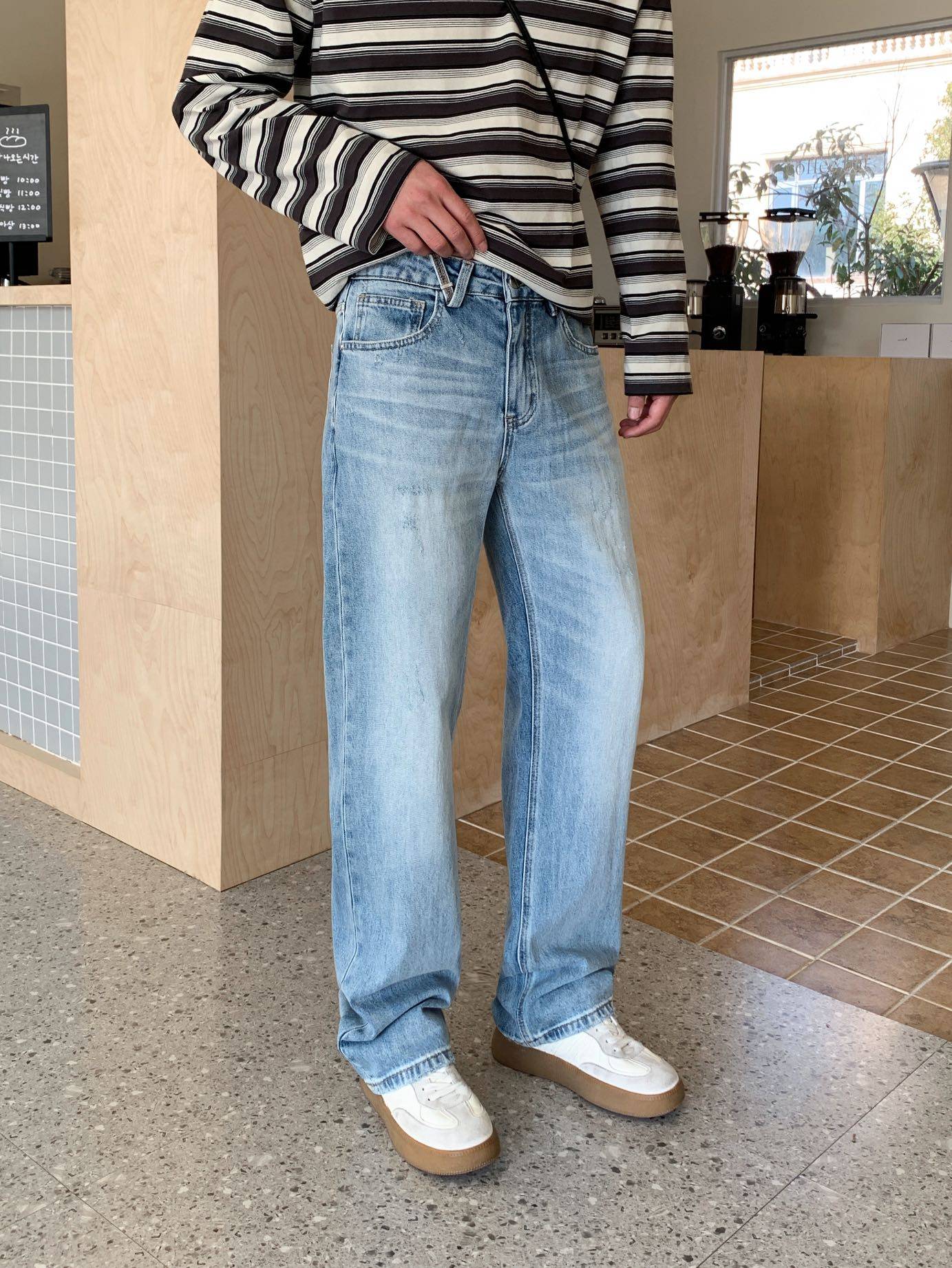 美式复古高品质水洗浅蓝色直筒弹力牛仔裤男春季宽松痞帅阔腿长裤,男装,休闲裤,淘宝优惠券,粉丝福利购,淘宝优惠卷