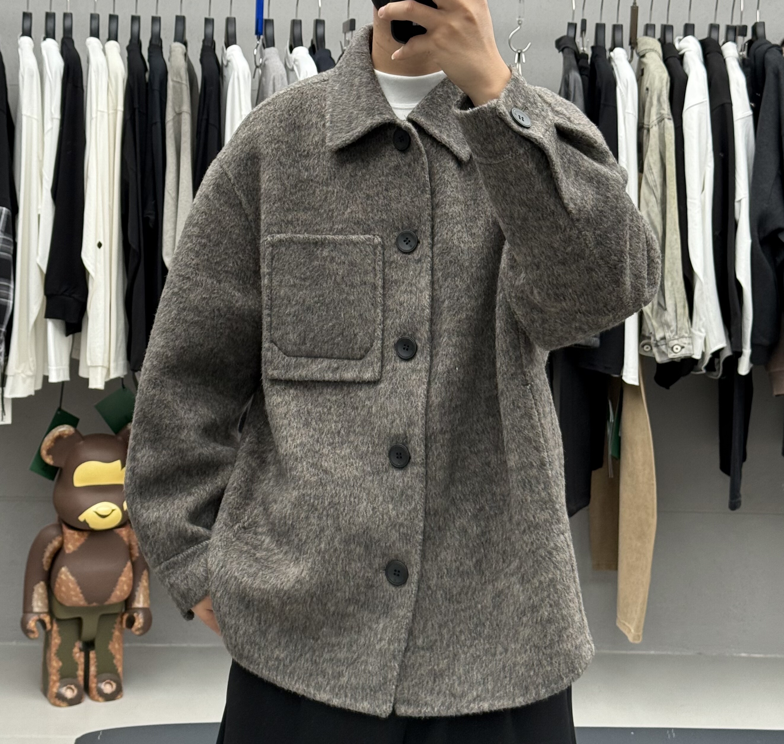 高级感轻奢翻领双面羊毛呢大衣男秋冬韩系复古宽松廓形衬衫款外套