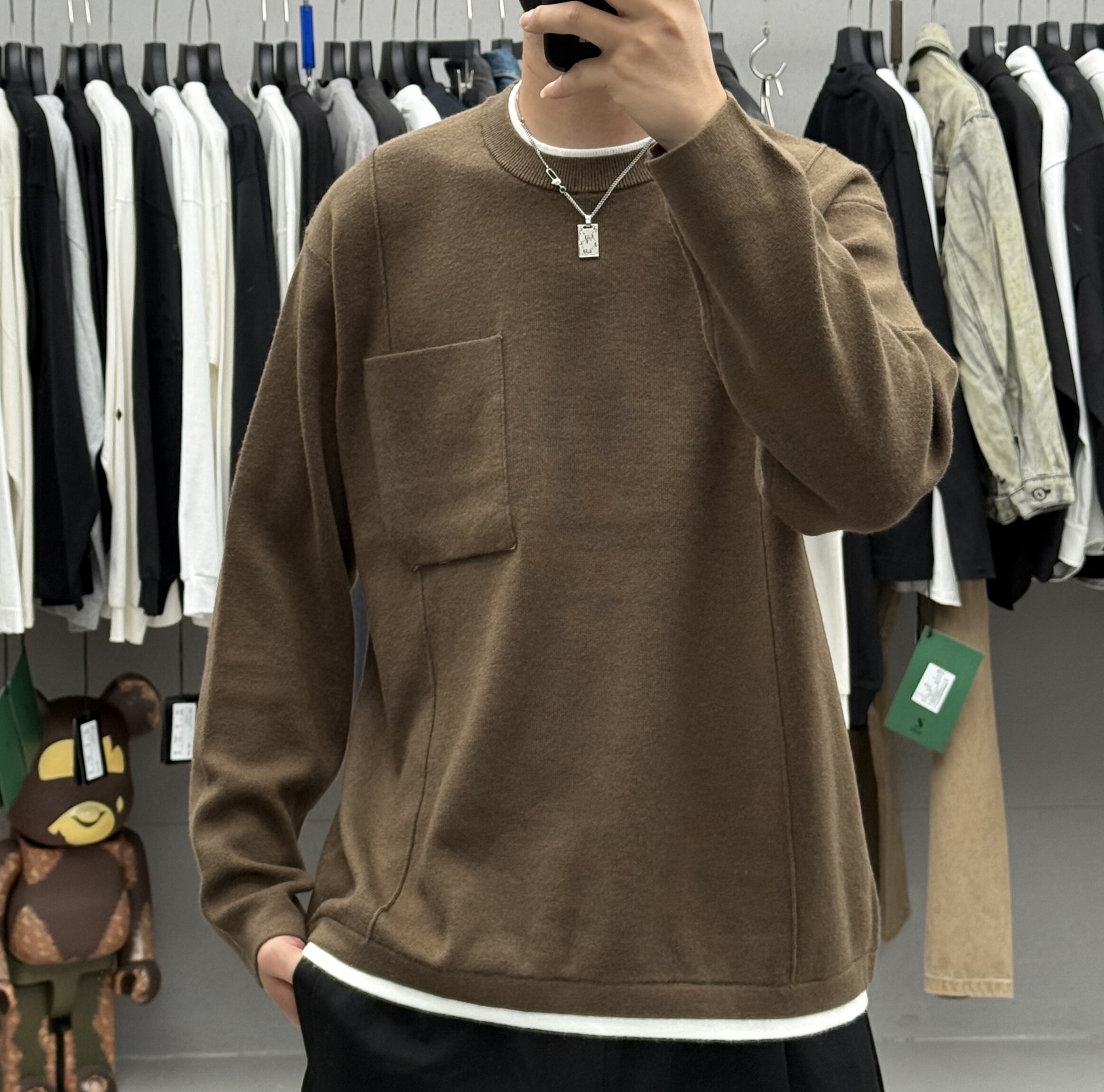 秋冬新款男假两件拼接口袋圆领套头毛衣韩系休闲加厚保暖羊毛线衣