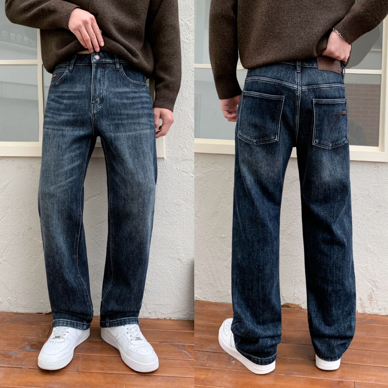 美式复古水洗复合厚绒直筒牛仔裤男冬季时尚百搭通勤保暖显瘦长裤