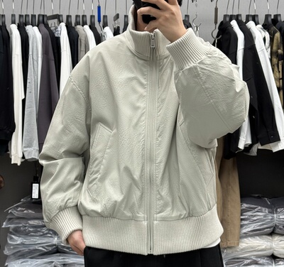 美式复古针织立领拼接Pu皮衣羽绒服男冬季宽松加厚保暖御寒外套潮