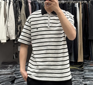 山形夏季新款男复古撞色半拉链翻领条纹Polo衫韩系宽松休闲半袖潮