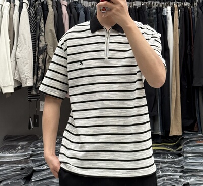山形夏季新款男复古撞色半拉链翻领条纹Polo衫韩系宽松休闲半袖潮