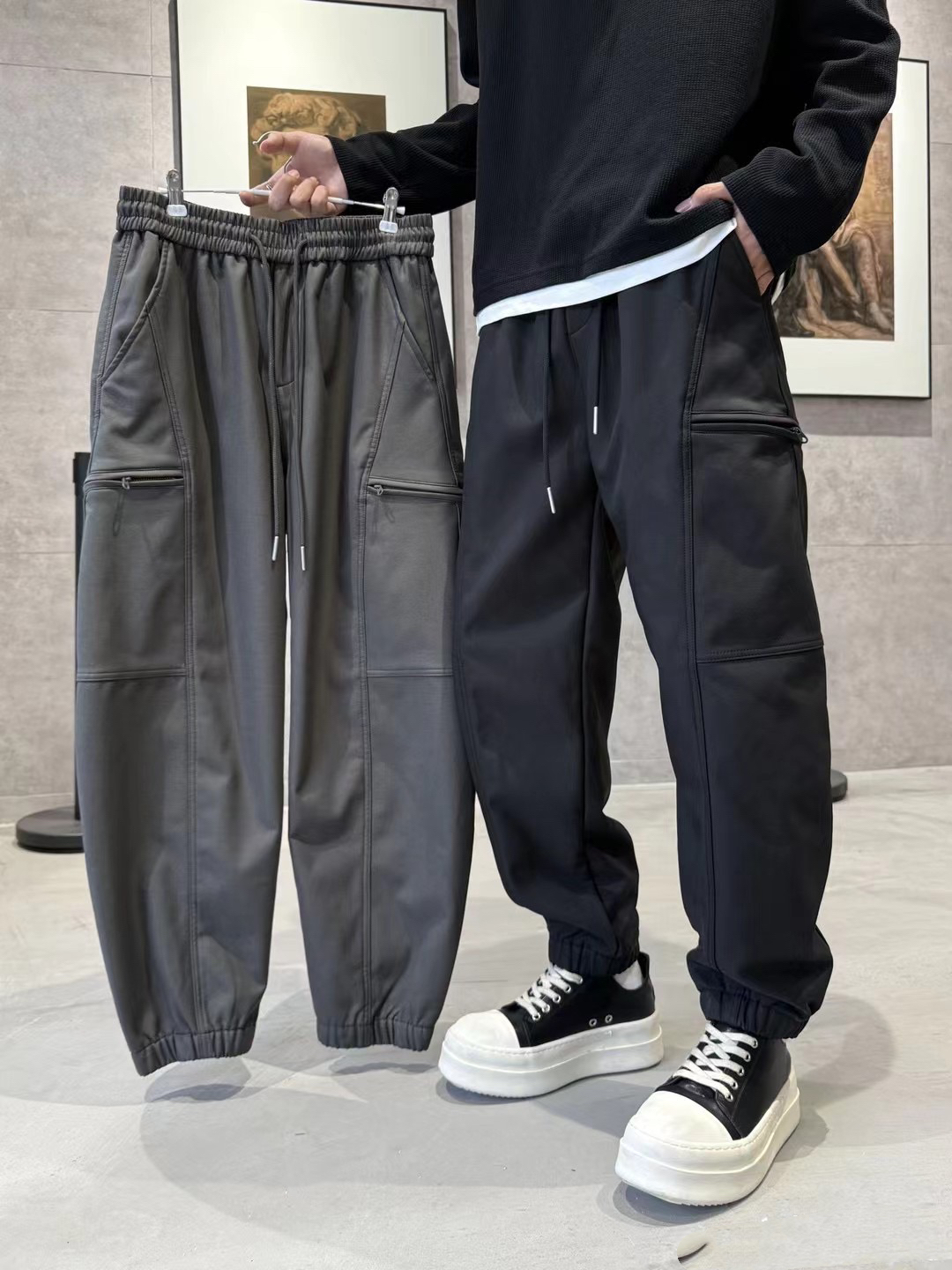 微腾冬季男户外机能风束脚加绒工装裤美式高街宽松痞帅保暖运动裤