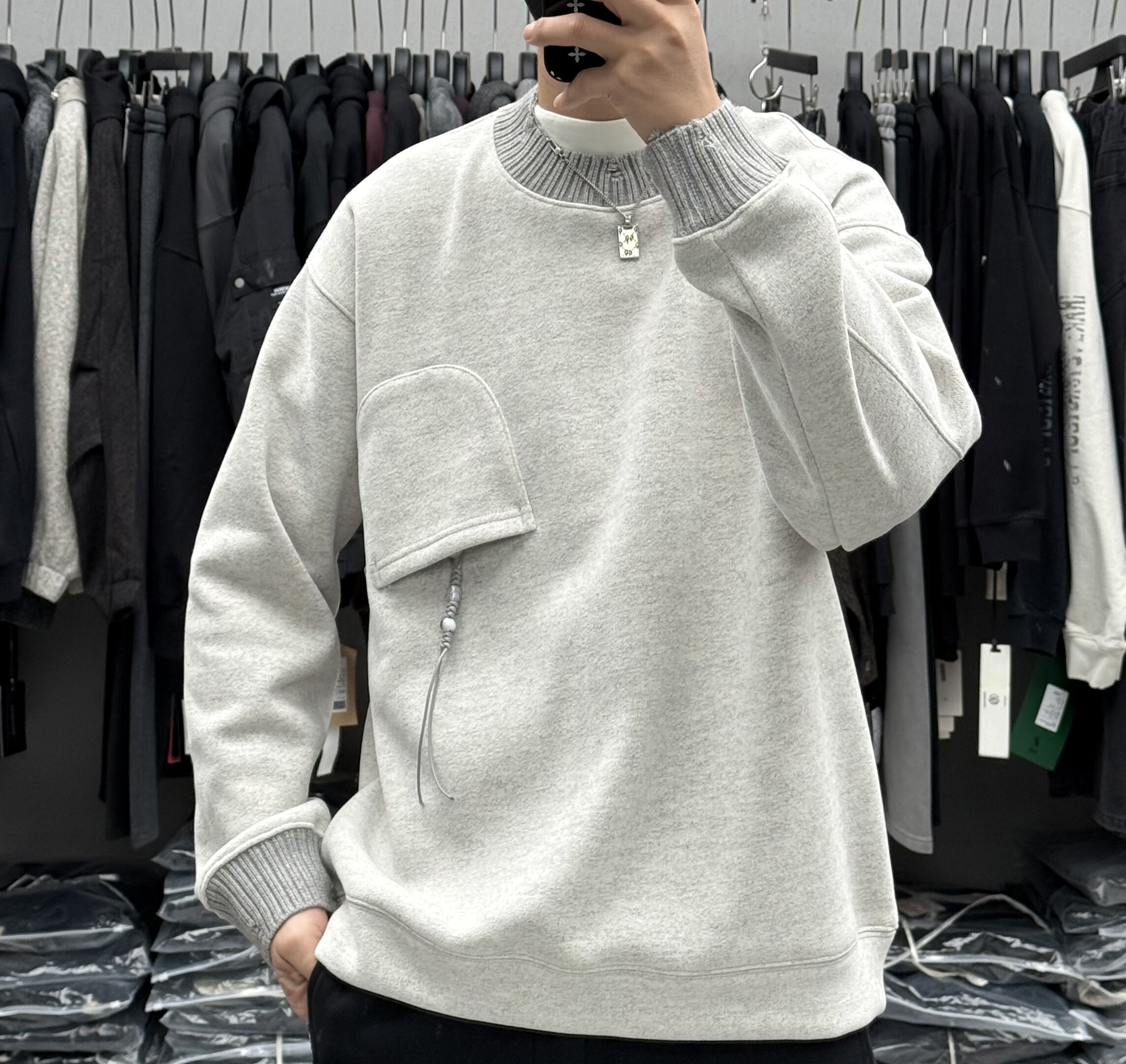 潮牌设计感针织拼接口袋磨破感立领加绒卫衣男冬季加厚保暖上衣潮