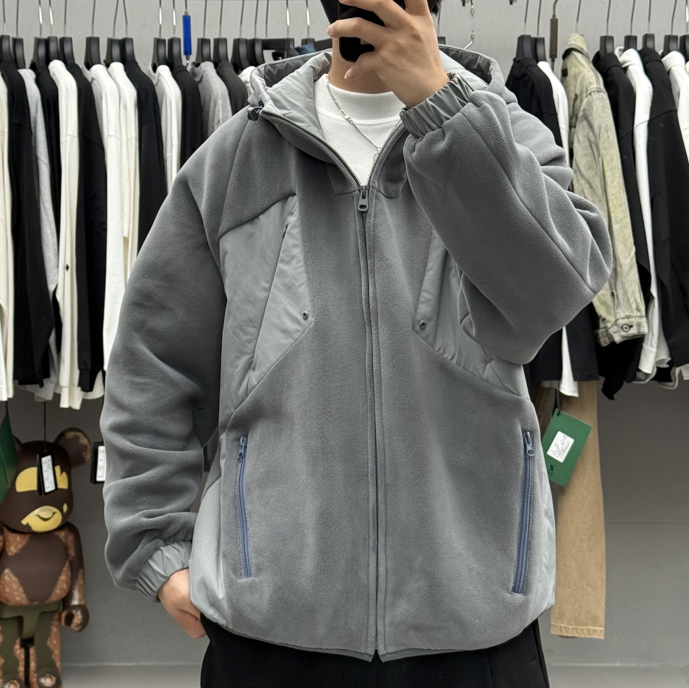 韩谷涉秋冬男奥粒绒拼接连帽加绒外套美式休闲加厚保暖宽松棉衣潮