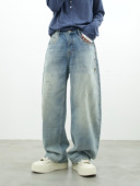 ONXE春季 高街宽松痞帅阔腿长裤 男重磅水洗做旧泼墨弯刀牛仔裤 美式