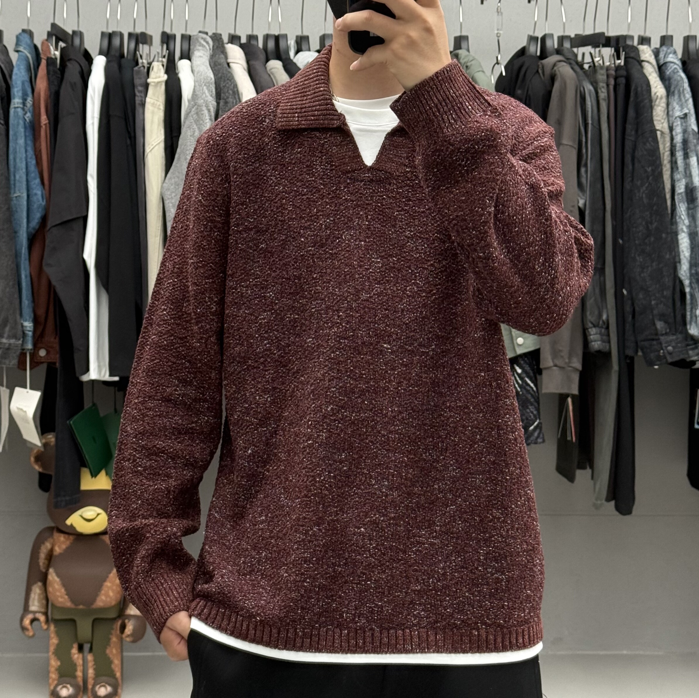 M8秋冬男撞色拼接假两件翻领针织毛衣美式复古老钱风V领针织衫潮