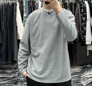 QFO春季新款男高级感轻奢亨利领坑条纹长袖T恤韩系宽松纯色打底衫