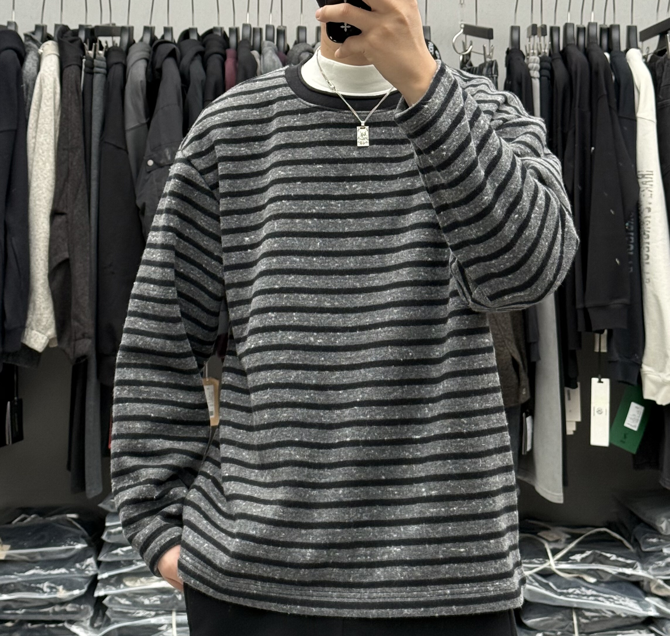 宿冶冬季男高级感复古条纹圆领加绒套头卫衣韩系宽松加厚保暖打底