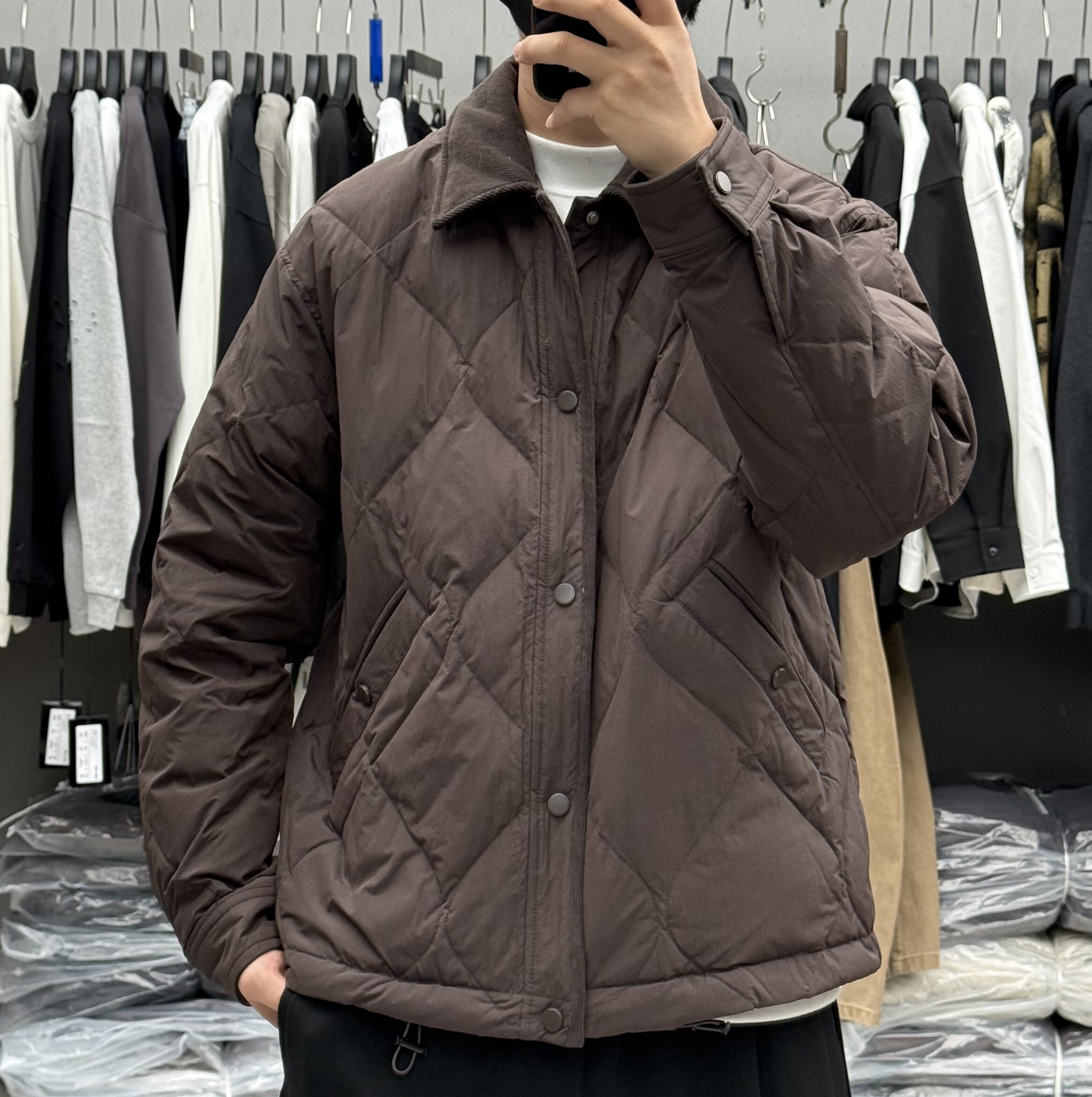 高级感拼接菱形格轻薄翻领羽绒服男冬季韩系保暖90白鸭绒防寒外套