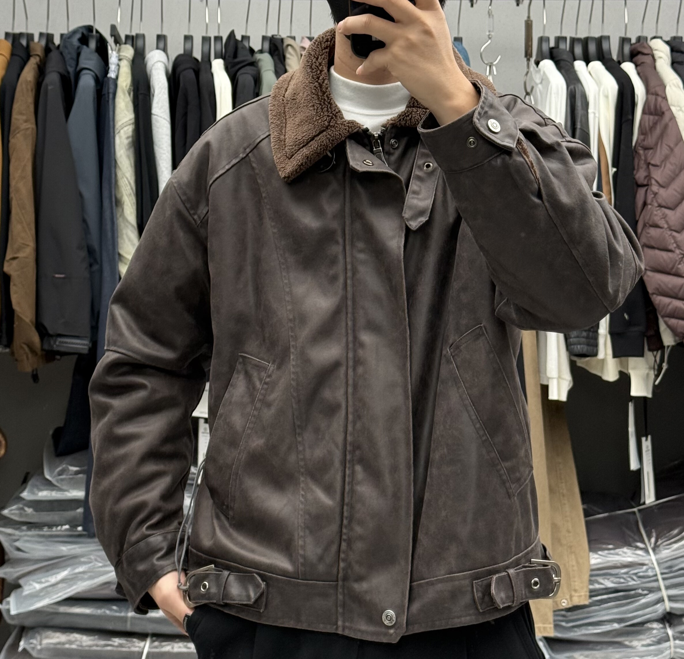 美式高端复古加绒加厚皮毛一体夹克男冬季仿羊羔毛保暖机车服皮衣