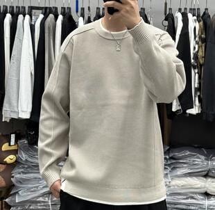锁芯秋冬新款男纹理感假两件拼接圆领套头毛衣韩版宽松百搭针织衫