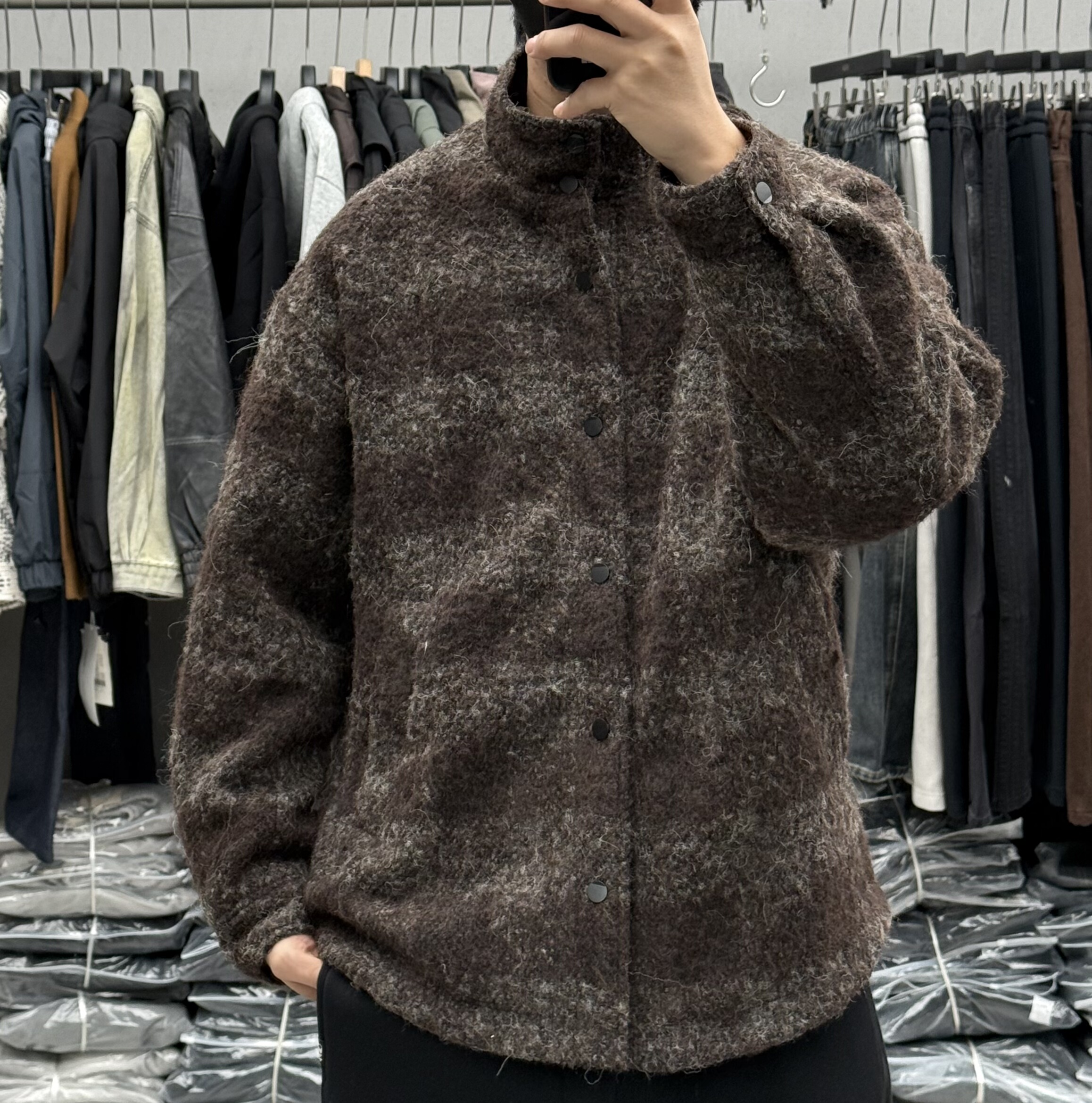 美式高端复古立领羊毛呢格子羽绒服男冬季保暖宽松百搭通勤外套潮