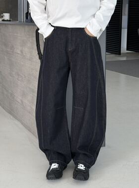 美式复古缉明线拼接普洗深蓝色弯刀牛仔裤男春季百搭宽松痞帅长裤