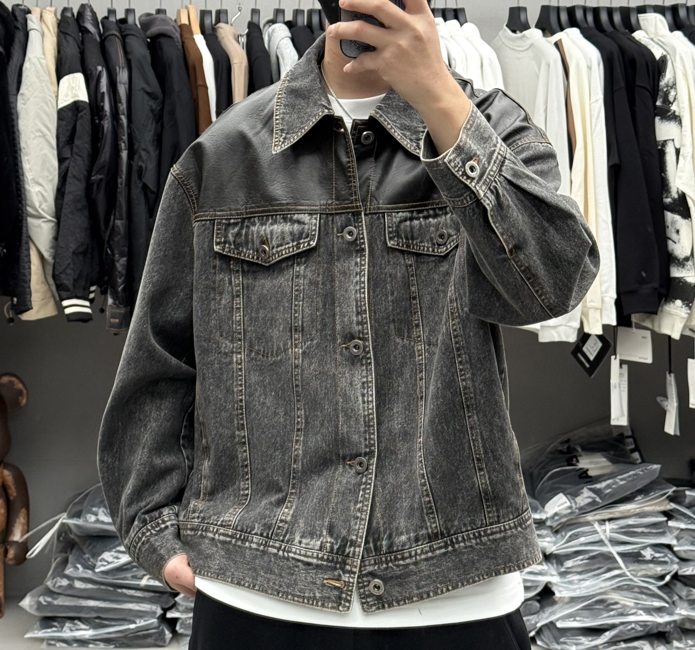 潮牌设计感Pu皮拼接翻领牛仔夹克男春季美式复古宽松痞帅工装外套,男装,牛仔外套,淘宝优惠券,粉丝福利购,淘宝优惠卷