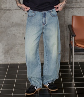 漠柯春季男高级感复古水洗小弯刀牛仔裤美式宽松痞帅阔腿显瘦长裤