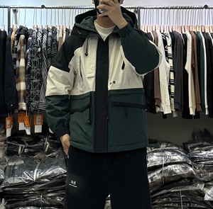 高端工装连帽羽绒服男冬季新款日系潮牌撞色拼接防风保暖鸭绒外套