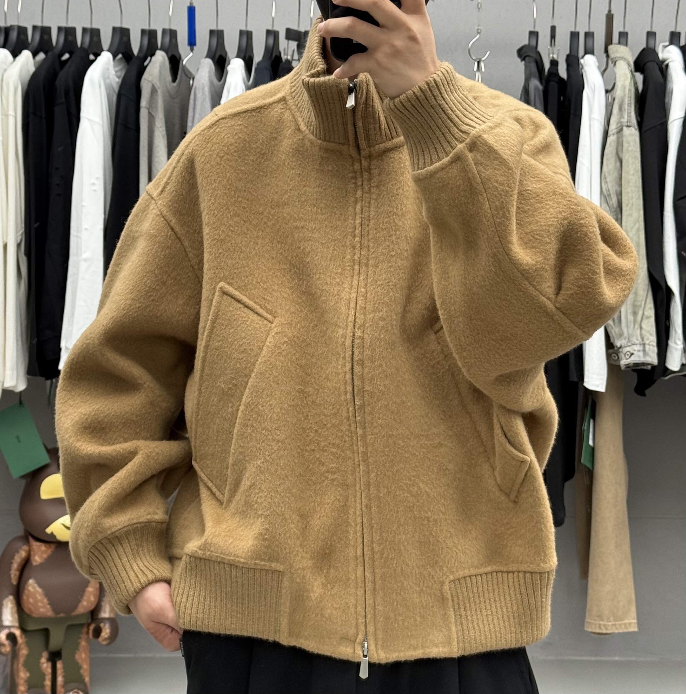 美式复古纯色立领100%双面羊毛呢大衣男秋冬加厚保暖宽松廓形外套