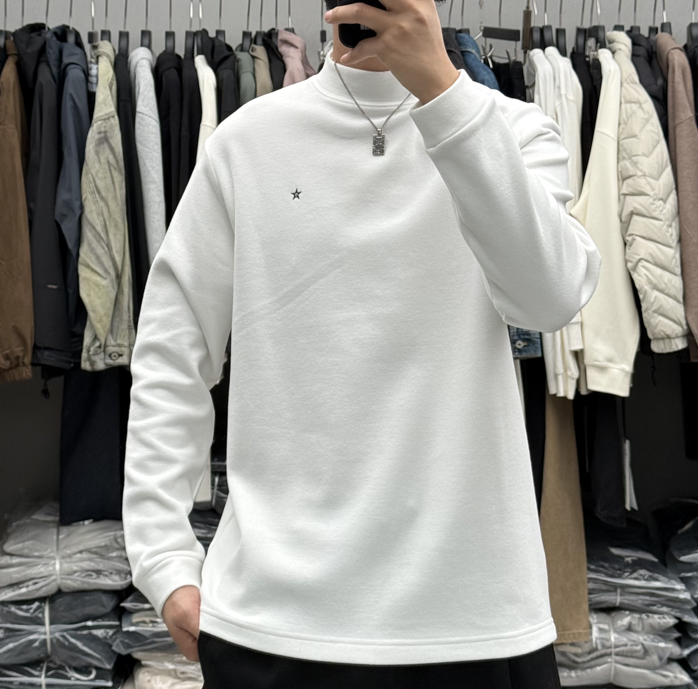 软糯亲肤五角星刺绣半高领双面德绒长袖卫衣男冬季加厚保暖打底衫
