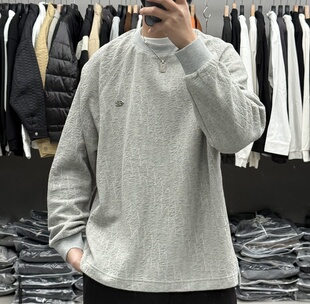 BY3春季新款男潮牌肌理感圆领长袖T袖美式高街休闲宽松痞帅卫衣潮