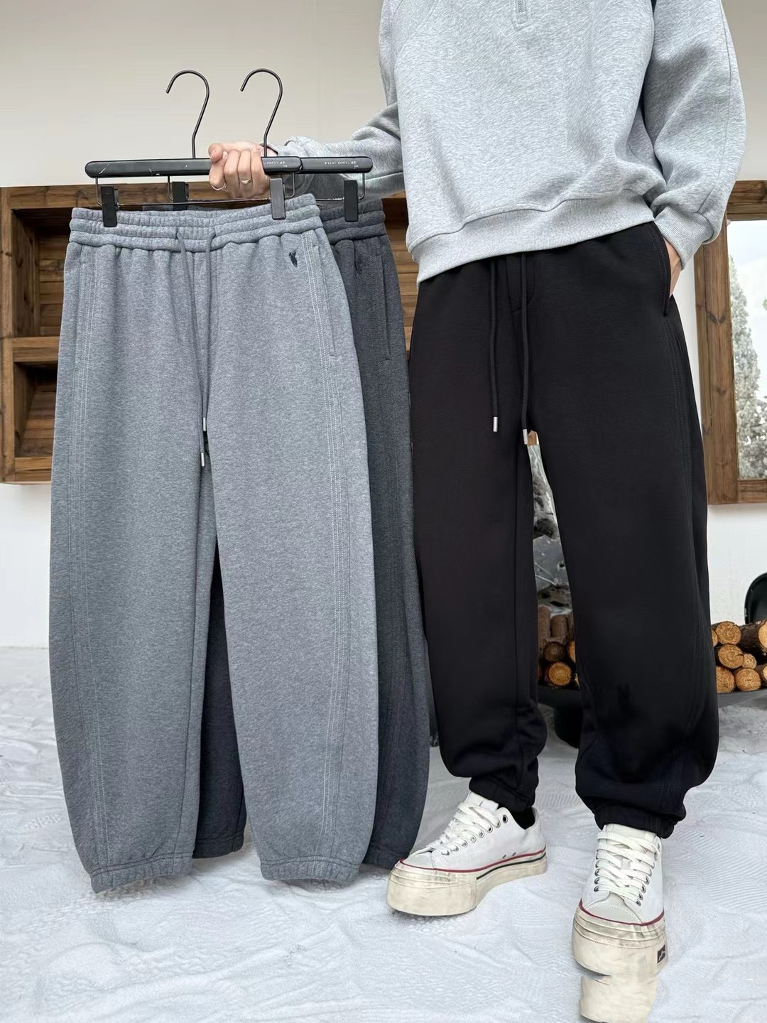 微腾冬季男简约纯色束脚加绒休闲裤韩版百搭加厚保暖针织运动卫裤