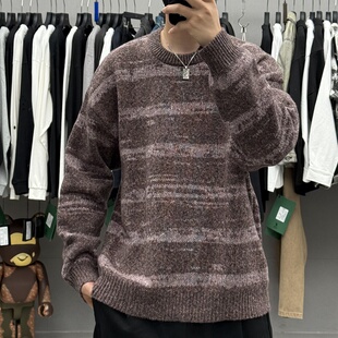 2025秋冬美式复古撞色条纹针织衫男秋冬宽松休闲慵懒风套头毛衣潮